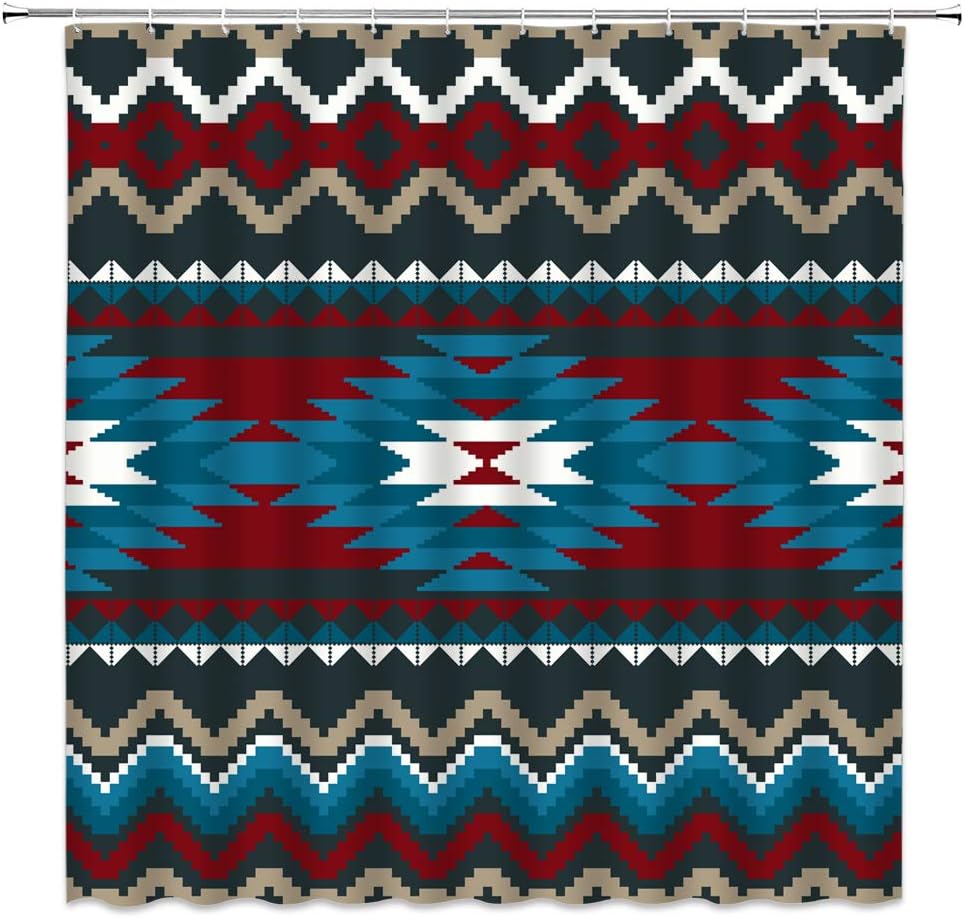 Southwestern Navajo Tribal Geometric Shower Curtain, Colorful Vintage Boho Bathroom Decor