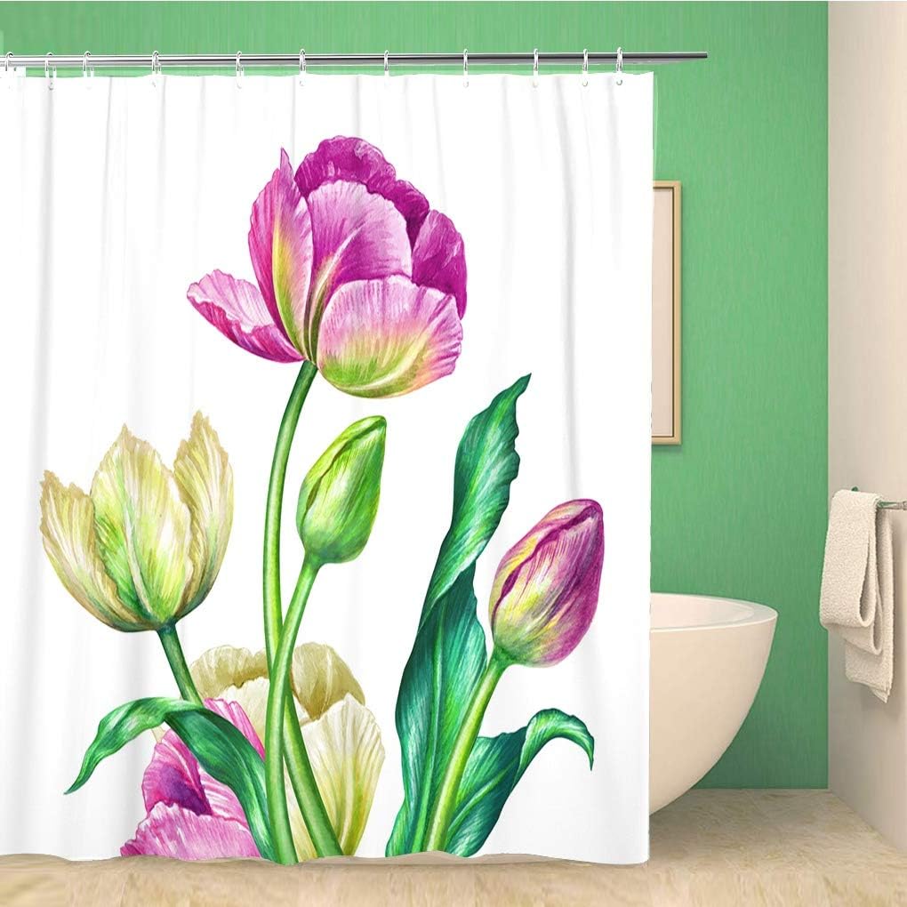 Botanical Colorful Summer Tulips Floral Bouquet Shower Curtain, Waterproof Fabric, Home And Bathroom Decor