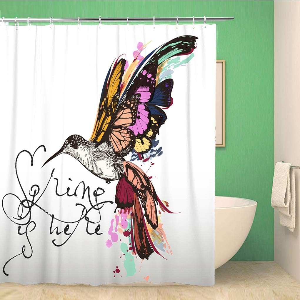 Spring Hummingbird And Colorful Butterfly Wings Shower Curtain, Waterproof Fabric, Home And Bathroom Decor