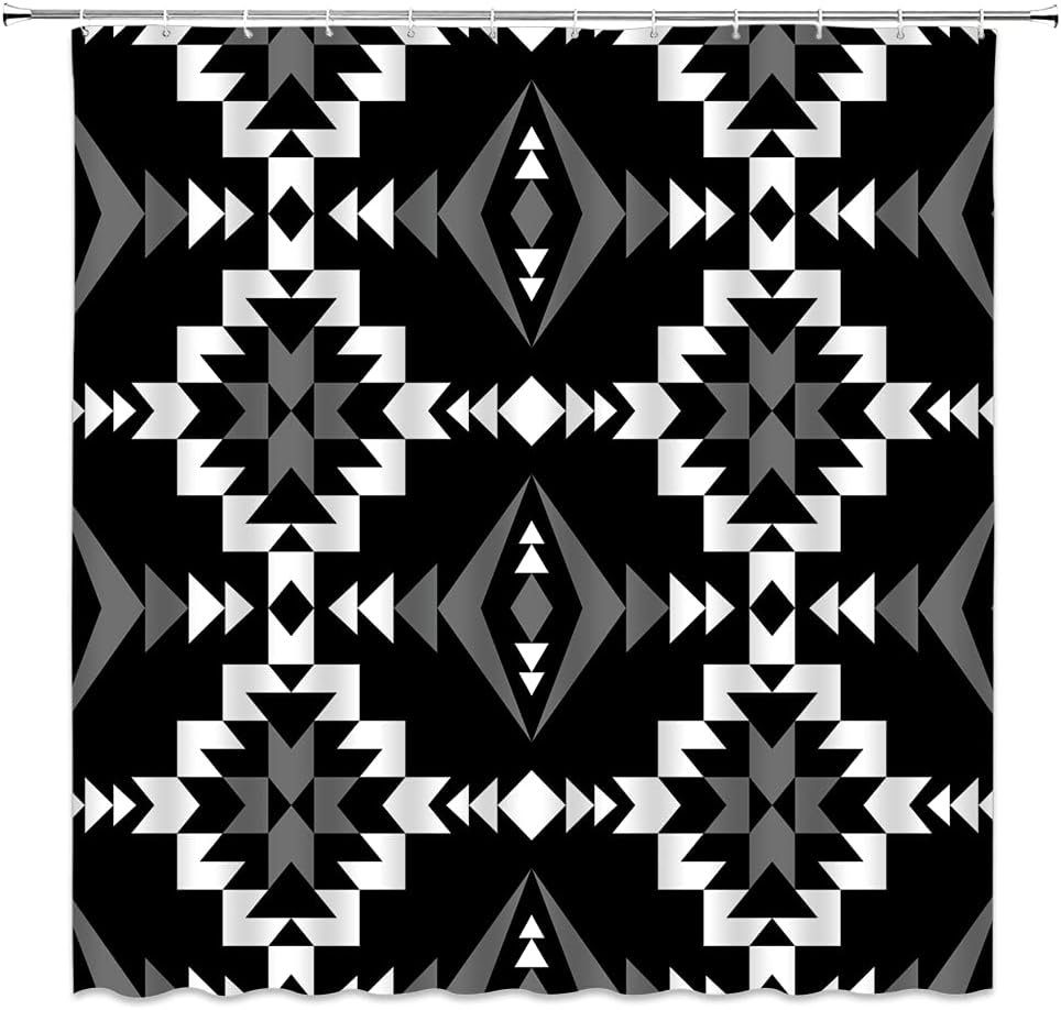 Black White Aztec Geometric Tribal Retro Shower Curtain, Southwest Native American Navajo Ethnic Bath Decor