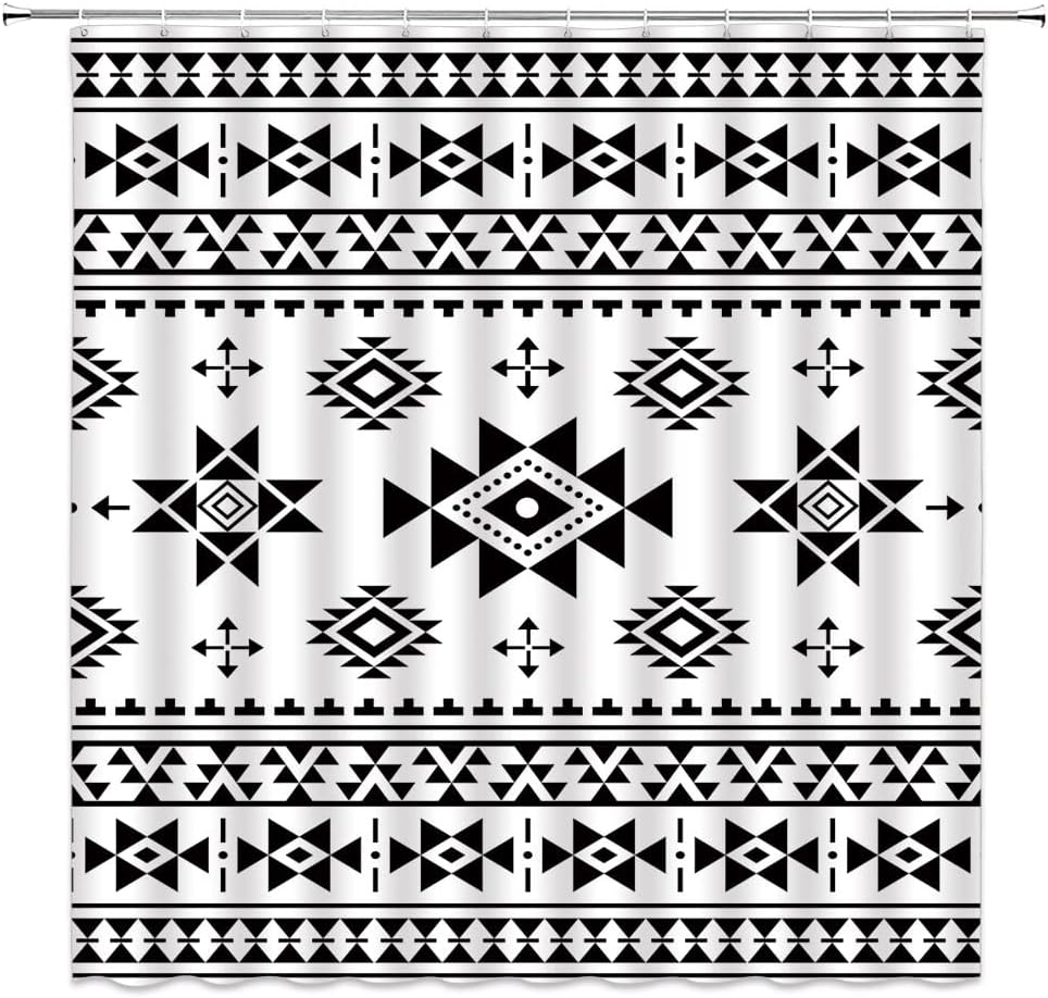 Southwest Retro Aztec Geometric Shower Curtain, Native American Navajo Vintage Bathroom Decor