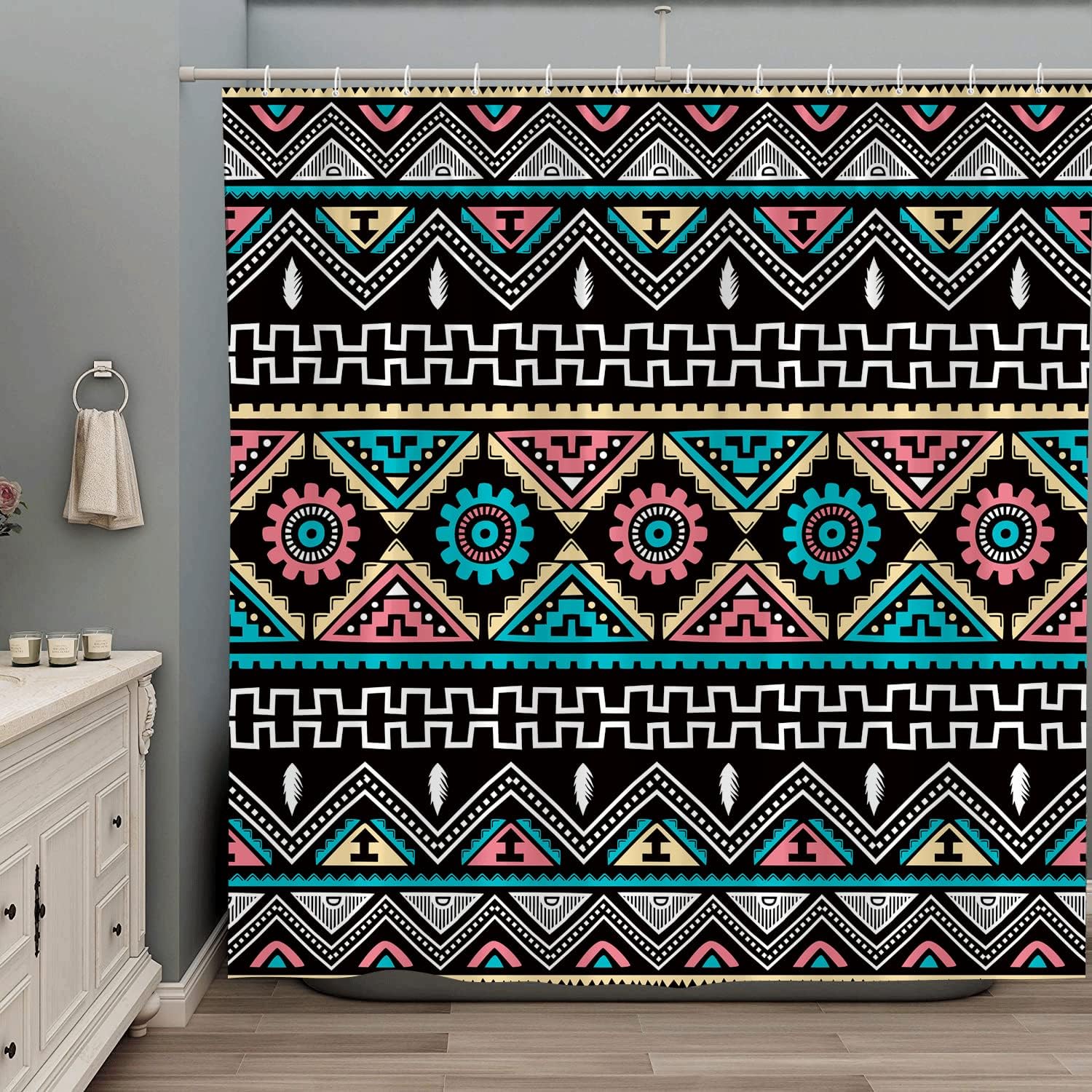 Southwest Native American Mandala Rustic Shower Curtain, Geometric Tribal Art Bathroom Decor