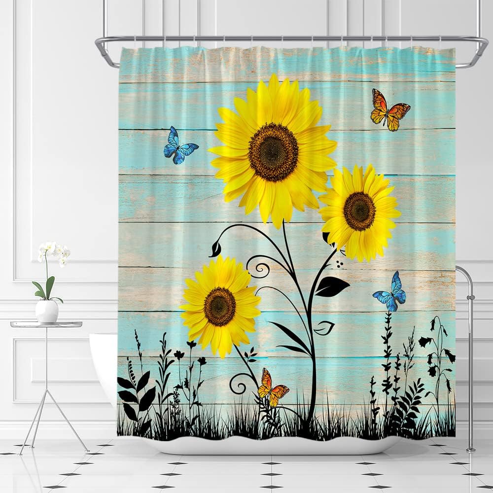 Rustic Sunflower And Butterfly Shower Curtain, Farmhouse Fabric Bathroom Decor