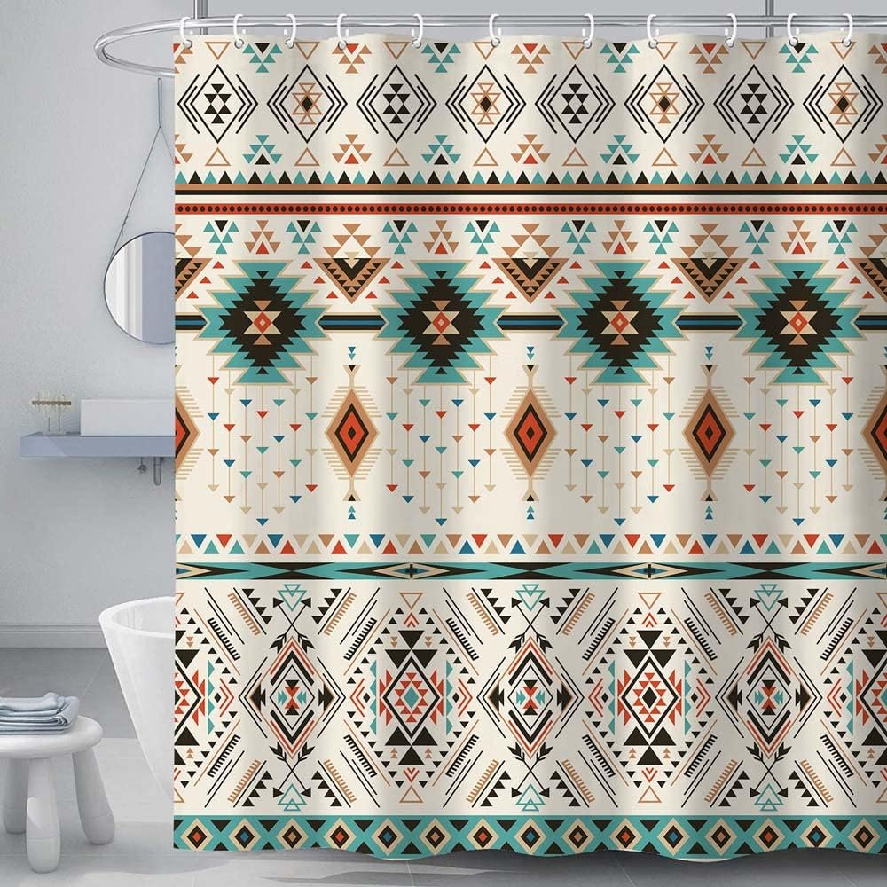 Southwestern Navajo American Ethnic Triangular Geometric Shower Curtain, Boho Bathroom Decor