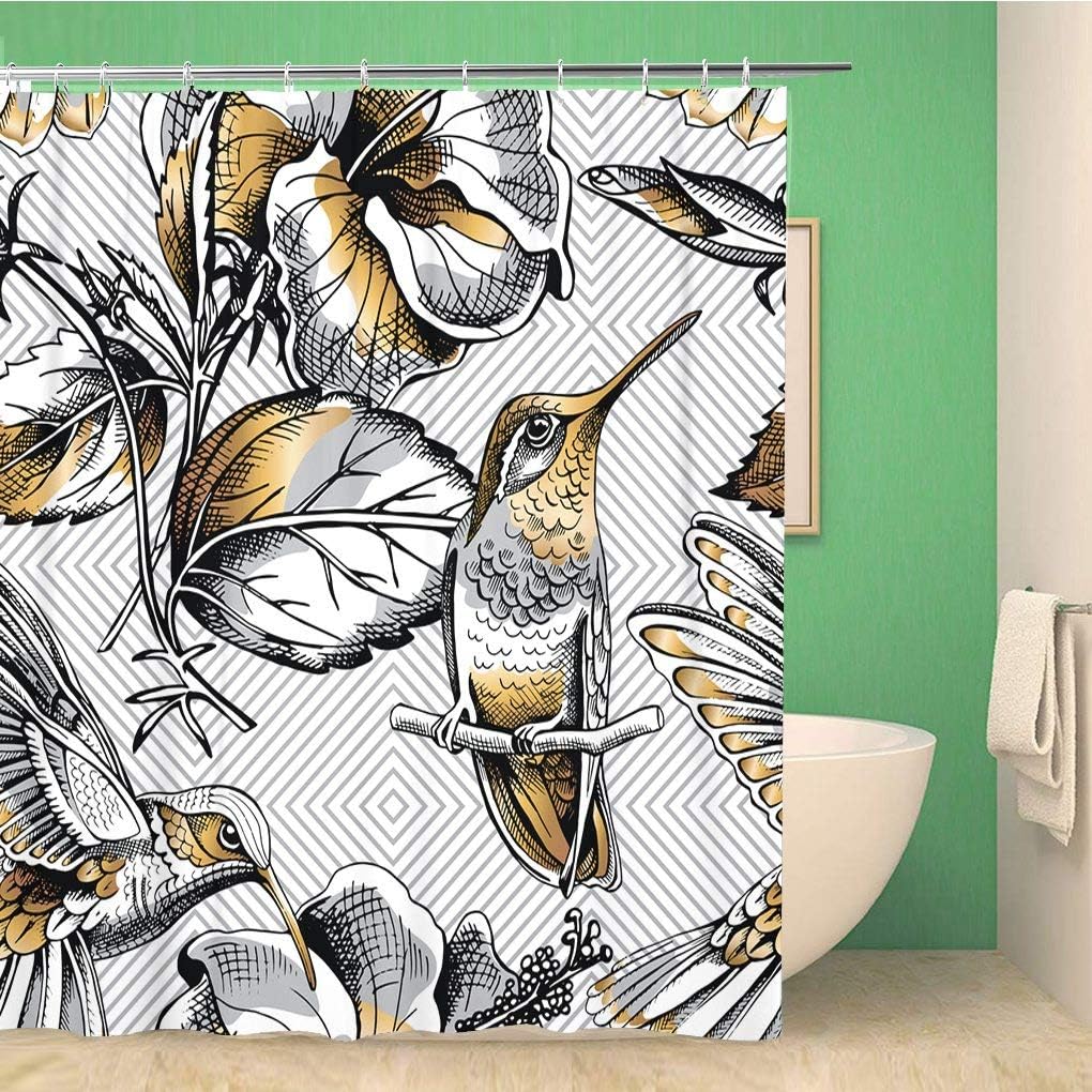 Hummingbird And Hibiscus Flowers Gray Geometric Shower Curtain, Waterproof Fabric, Home And Bathroom Decor