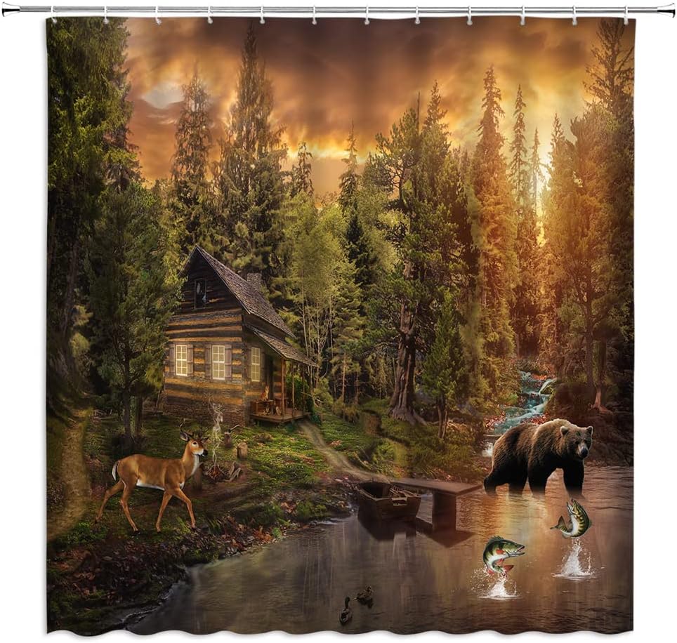 Cabin Shower Curtain Bear Moose Forest Hunt, Rustic Farmhouse Fabric Bathroom Decor