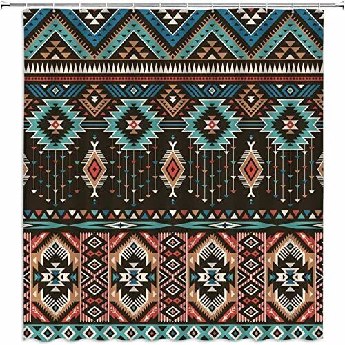 Retro Southwestern Native American Geometric Shower Curtain, Southwest Ethnic Bath Decor