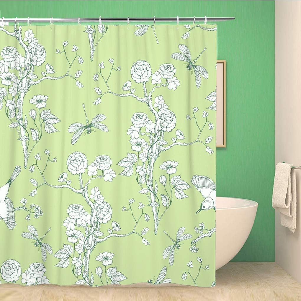 Chinoiserie Peonies Dragonfly And Bird Shower Curtain, Waterproof Fabric, Home And Bathroom Decor