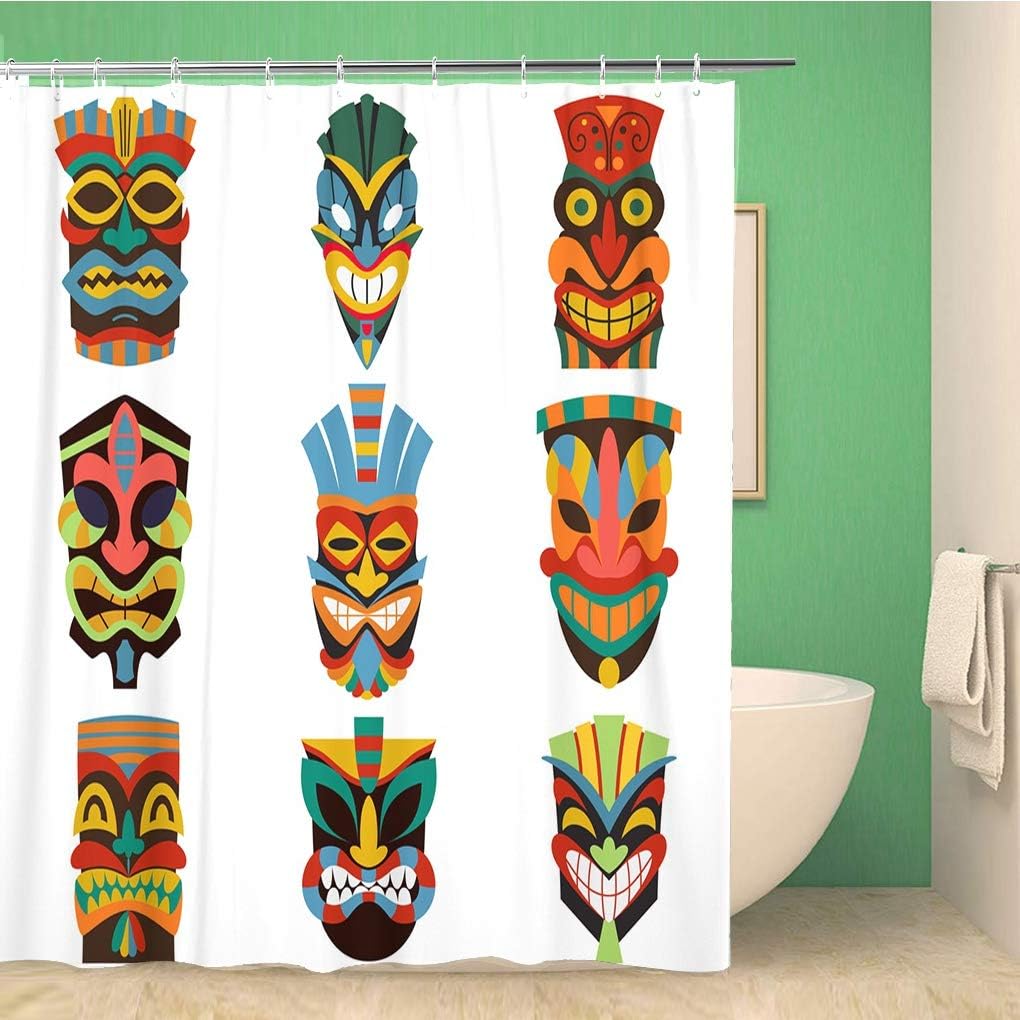 Hawaiian Tribal Tiki Mask Of Colorful Cut Wooden Guise Flat Shower Curtain Bathroom Decor