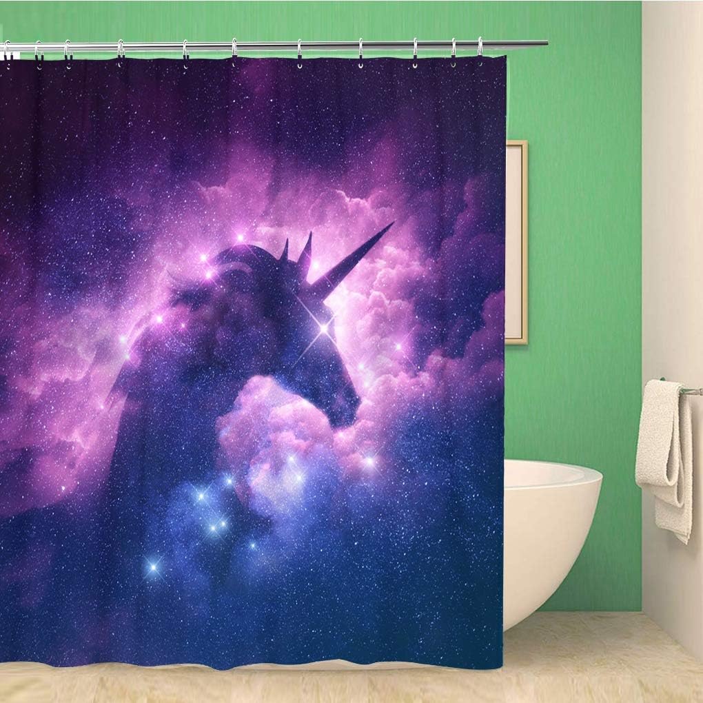 Pink Unicorn Silhouette Galaxy Nebula Shower Curtain, Waterproof Fabric, Home And Bathroom Decor