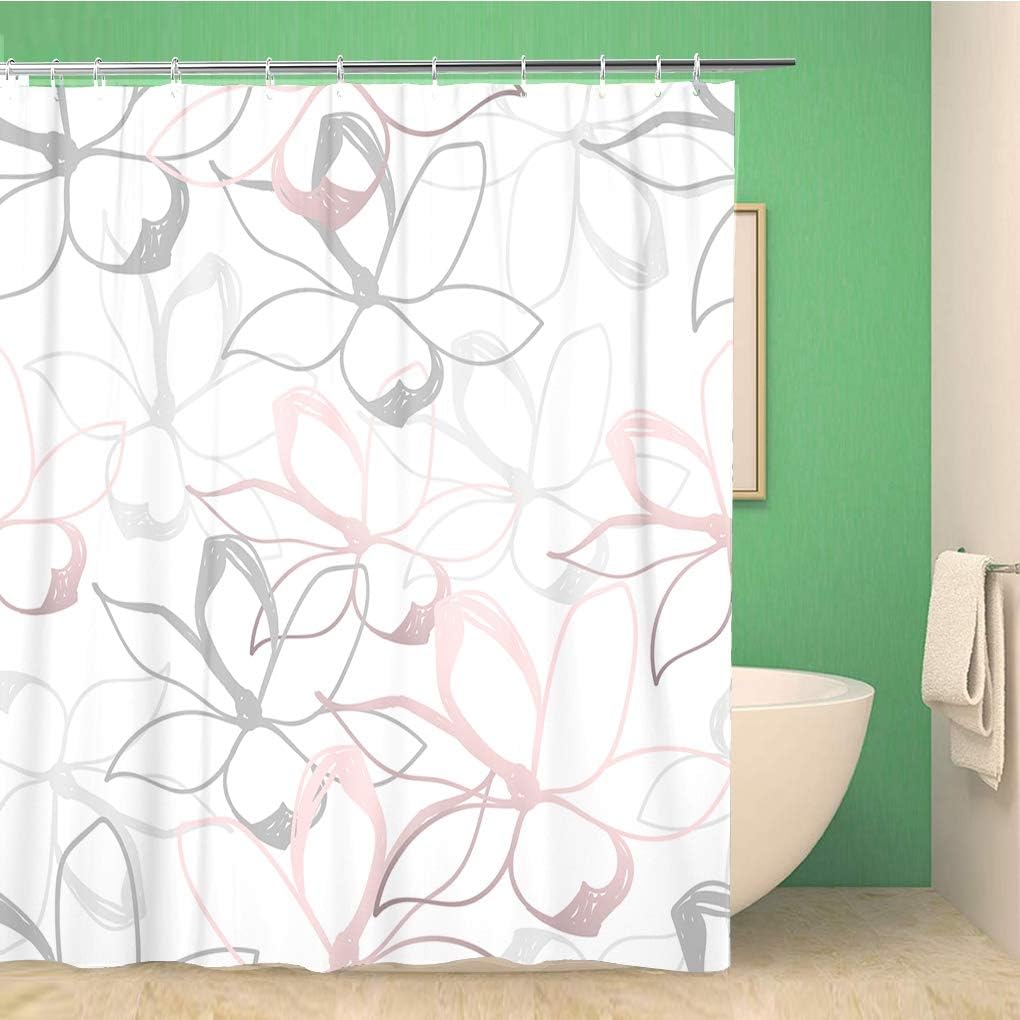 Pastel Floral Gold Doodles Jasmine Flowers Shower Curtain, Waterproof Fabric, Bathroom Decor
