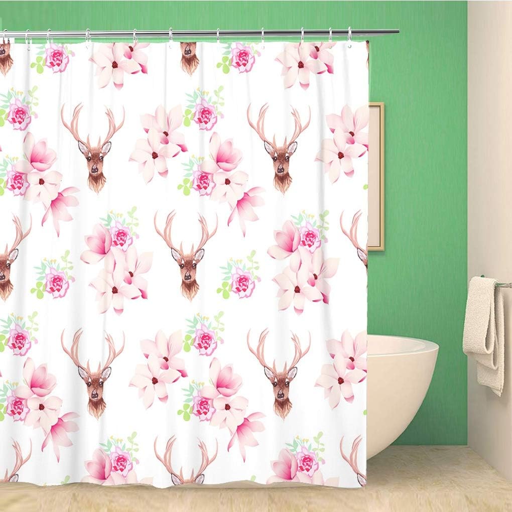 Pink Magnolia And Rose Flowers Deer Baroque Shower Curtain, Waterproof Fabric, Home And Bathroom Decor