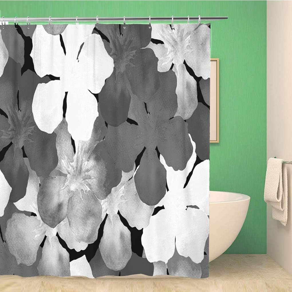 Hawaiian Watercolor Pattern Black And White Floral Tropical Shower Curtain Hibiscus Bathroom Decor