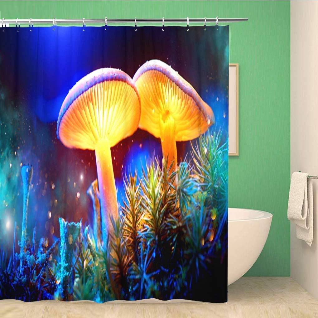 Glowing Mushroom Fantasy Dark Forest Macro Shower Curtain, Waterproof Fabric, Bathroom Decor