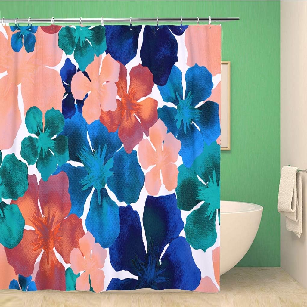 Hawaiian Watercolor Pattern Indigo Blue Floral Tropical Hibiscus Shower Curtain Bathroom Decor