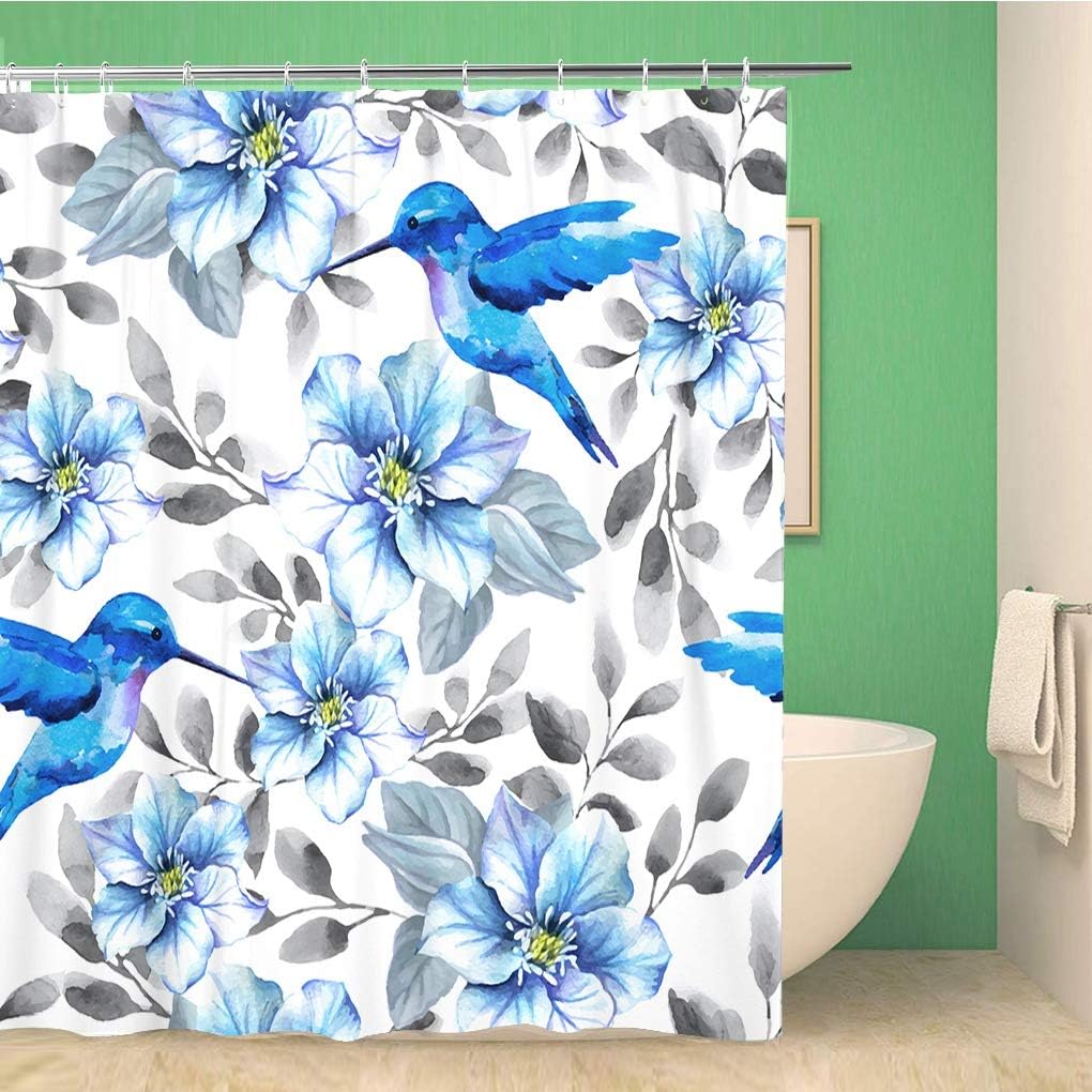 Colorful Hummingbirds And Flowers Watercolor Shower Curtain, Waterproof Fabric, Bathroom Decor