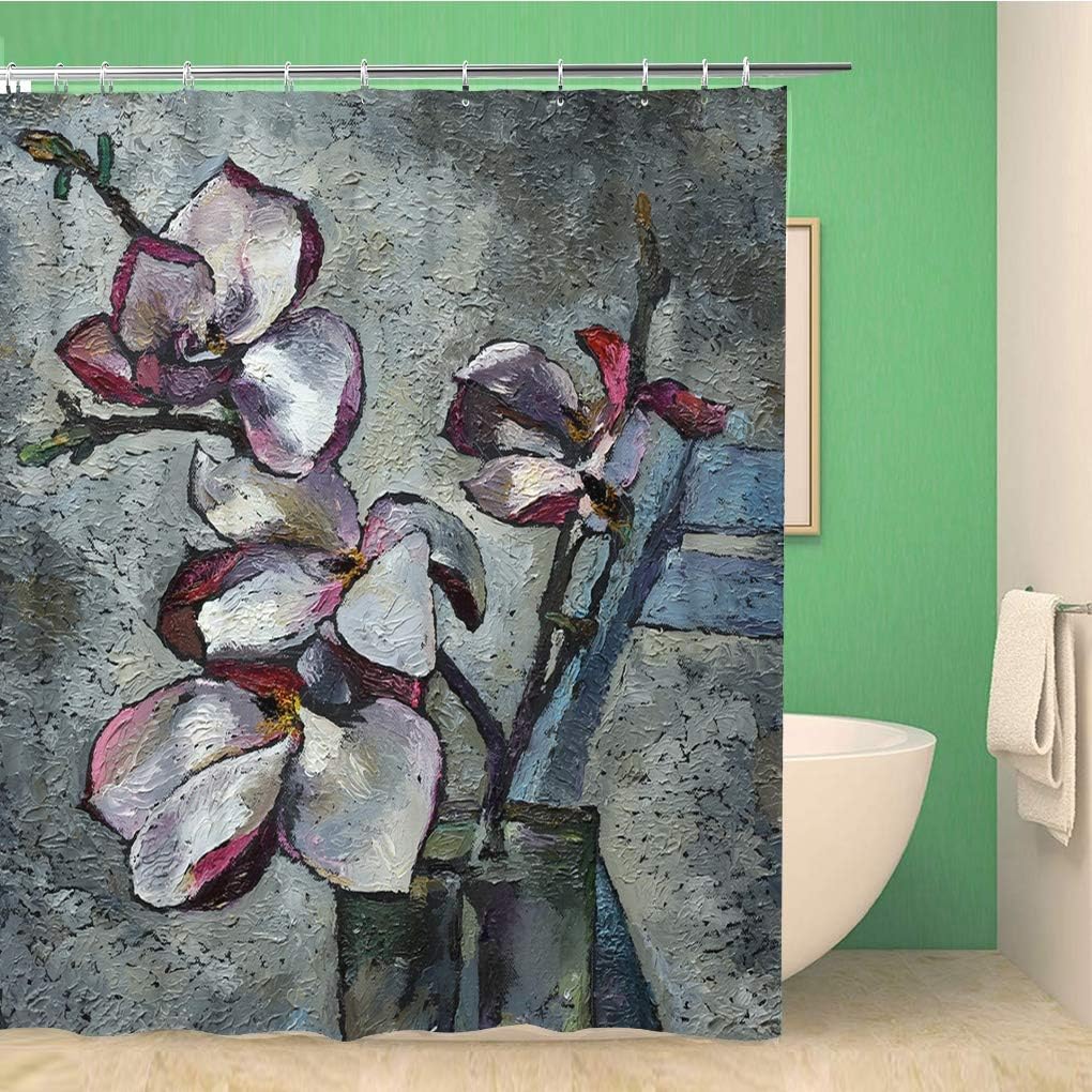 Purple Magnolia Flowers Oil Painting Shower Curtain, Waterproof Fabric, Home And Bathroom Decor