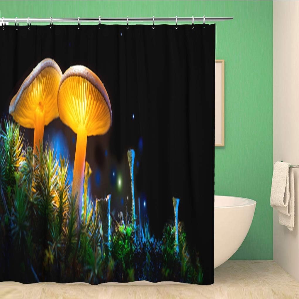 Glowing Mushroom Fantasy Dark Forest Macro Shower Curtain, Waterproof Fabric, Home And Bathroom Decor