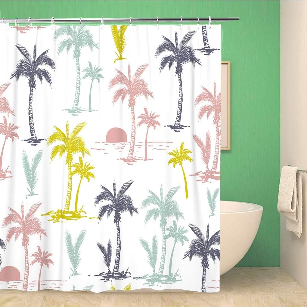 Palm Trees Pattern Tropical Floral Shower Curtain Hawaii Retro Beach Bathroom Decor
