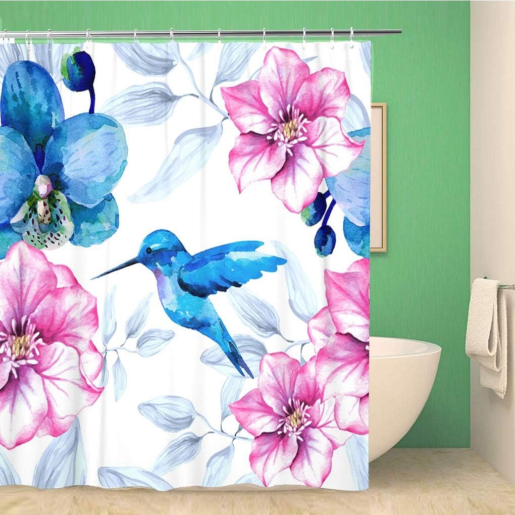 Branch Flower Pattern Blue And Pink Hummingbirds Shower Curtain Watercolor Birds Drawing Bathroom Decor