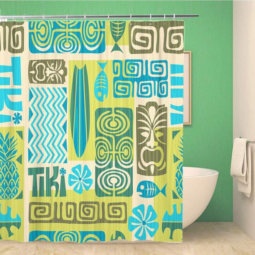 Hawaiian Exotic Tiki Pattern Shower Curtain Tribal Flower Surfboard Tahiti Polynesian Bathroom Decor