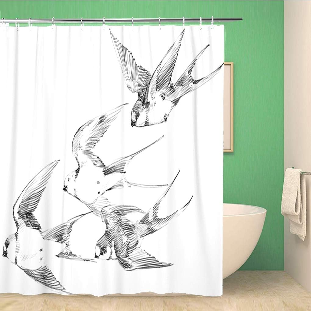 Swallow Pencil Sketch Spring Bird Swift Line Tattoo Shower Curtain Drawing Bathroom Decor