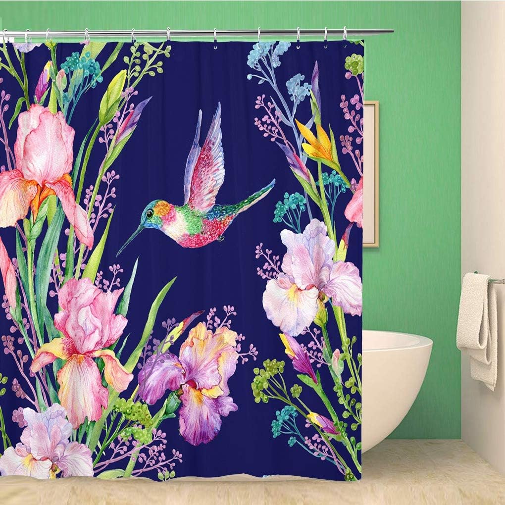 Green Irises Watercolor Shower Curtain Small Hummingbird Exotic Blue Fabric Bathroom Decor
