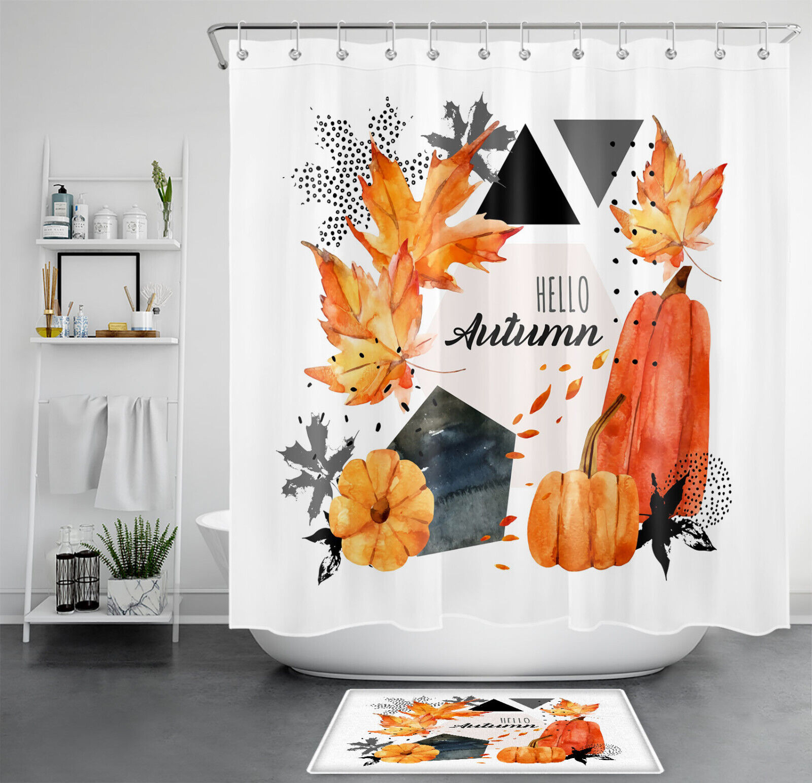 Colorful Autumn Maple Leaves Mushroom Pattern Shower Curtain Waterproof Fabric Bathroom Curtain