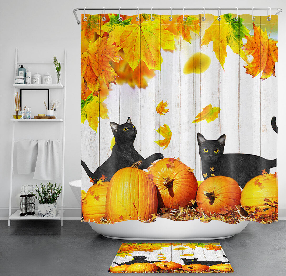 Funny Tiger Autumn Pumpkin Maple Leaves Shower Curtain For Bathroom Decor