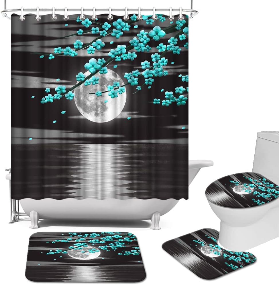 Full Moon Landscape Teal Flower Shower Curtain Nature Bathroom Decor