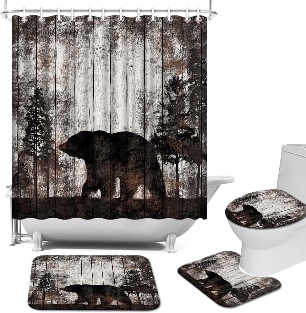Rustic Bear Forest Shower Curtain With Mat Farmhouse Bathroom Decor