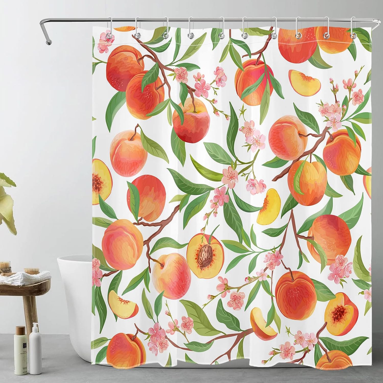 Pink Floral Shower Curtain With Green Leaf On White Perfect For Spring Country Bathroom Decor