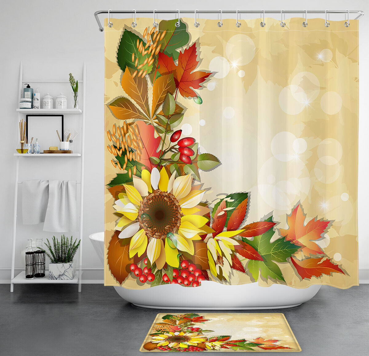 Farmhouse Style Autumn Shower Curtain Featuring Colorful Maple Leaves And Pumpkins On Waterproof Fabric