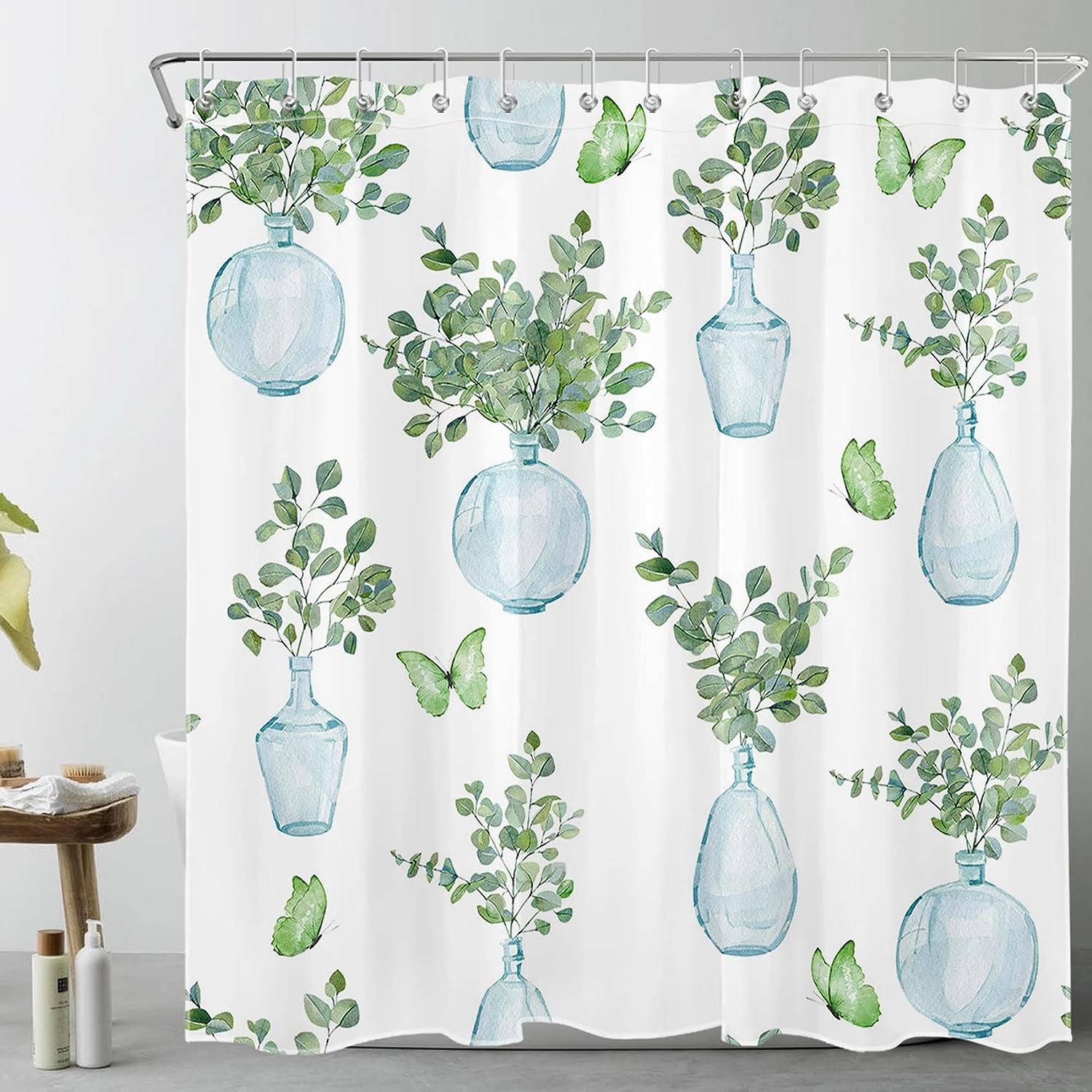 Green Butterfly And Eucalyptus Leaf In Watercolor Vase Shower Curtain For Bathroom With Sage Green Leaf For Bathroom Decor