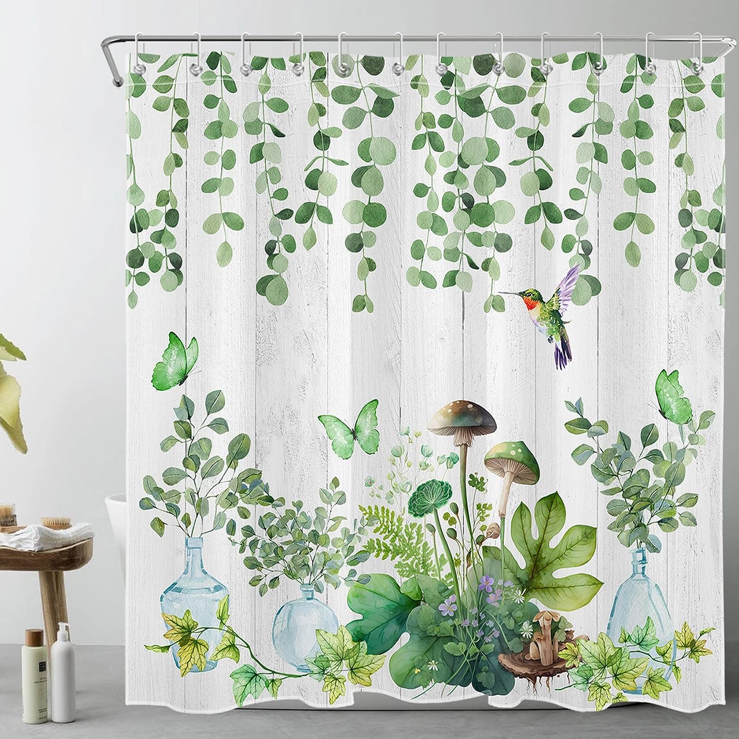 Green Hummingbird Botanical Shower Curtain, Mushroom, And Eucalyptus Leaf On Grey Wood For Farmhouse Bathroom Decor