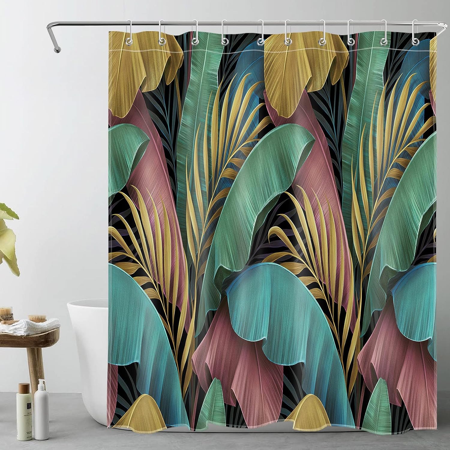Rustic Nature Colorful Shower Curtain Featuring A Gold Palm Leaf And Teal Pink Banana Leaf Perfect For Tropical Plant Bathroom Decor