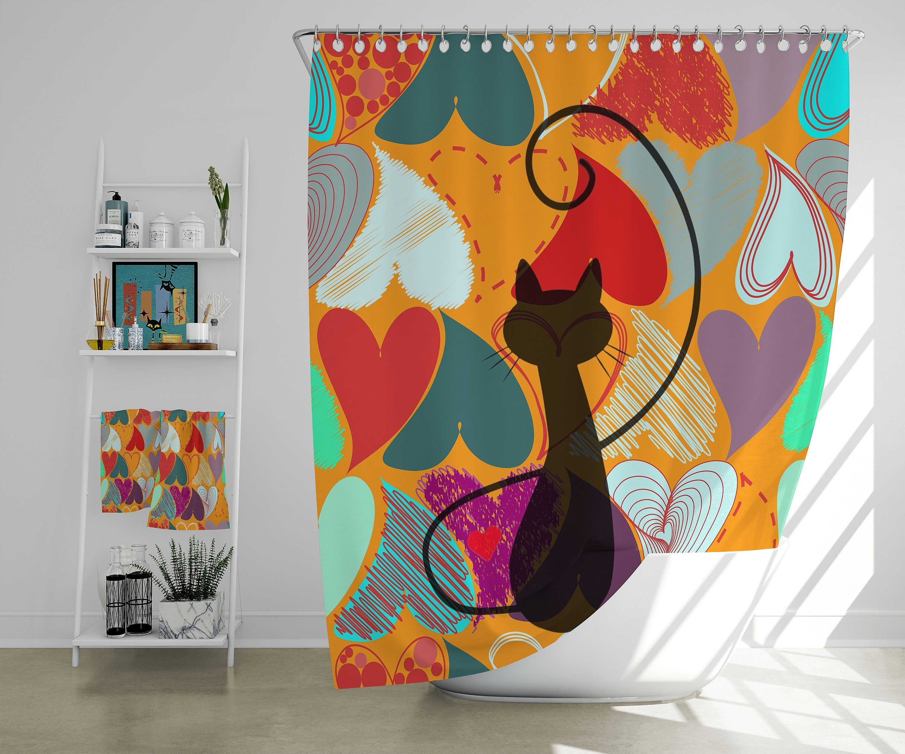 Mid Century Modern Black Cat Kitschy Bathroom Curtain 90S Hearts Retro Shower Curtain Red, Blue, And Orange Hearts Bath