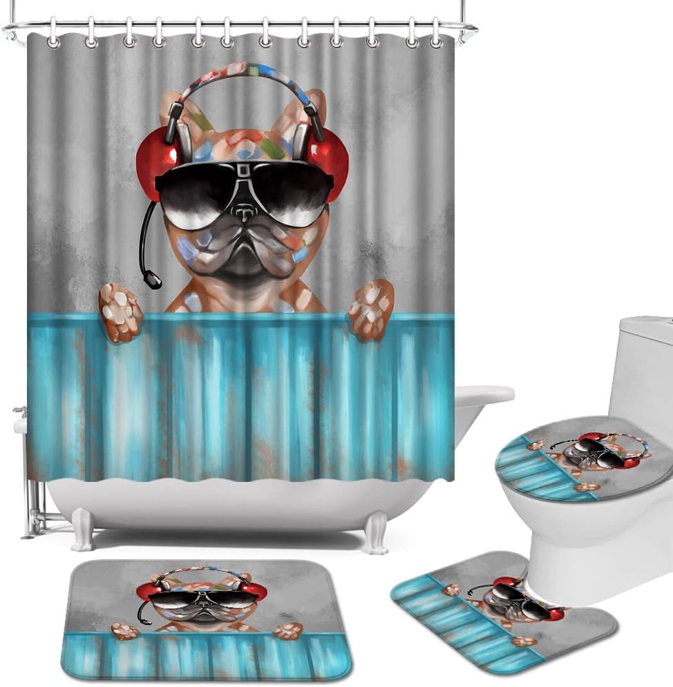Funny Dog Playing Music Shower Curtain Music Lover Bathroom Decor