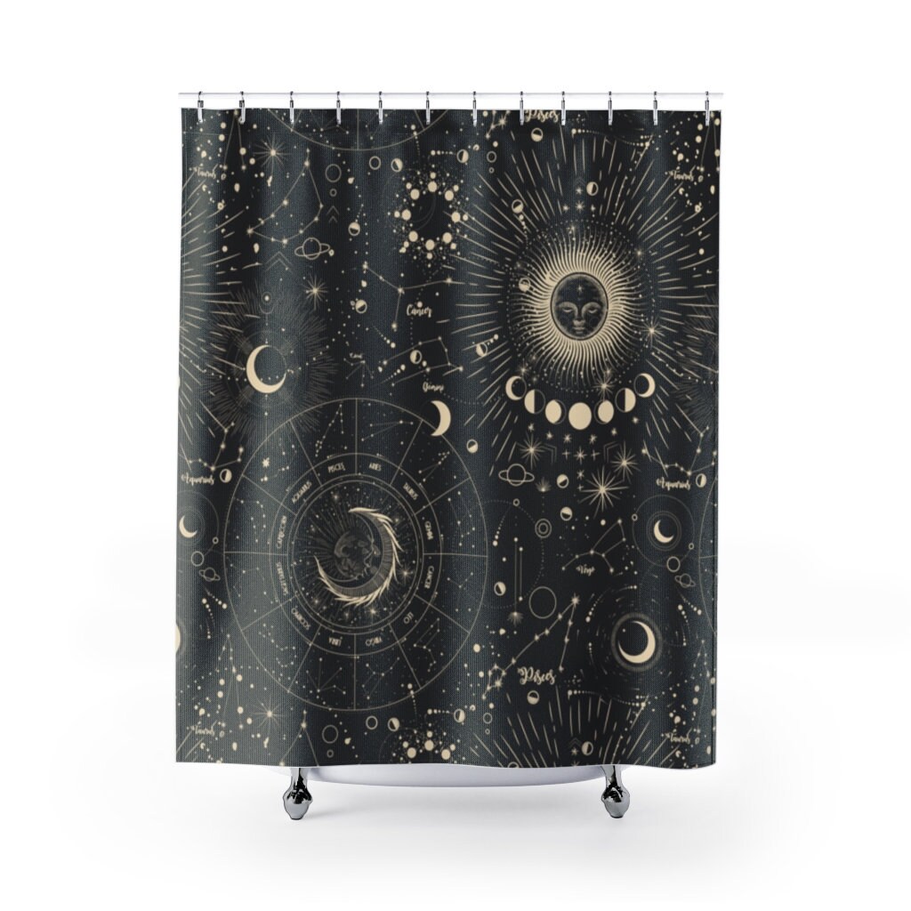 Constellation Shower Curtain With Moon Phases Boho Celestial Bathroom Decor
