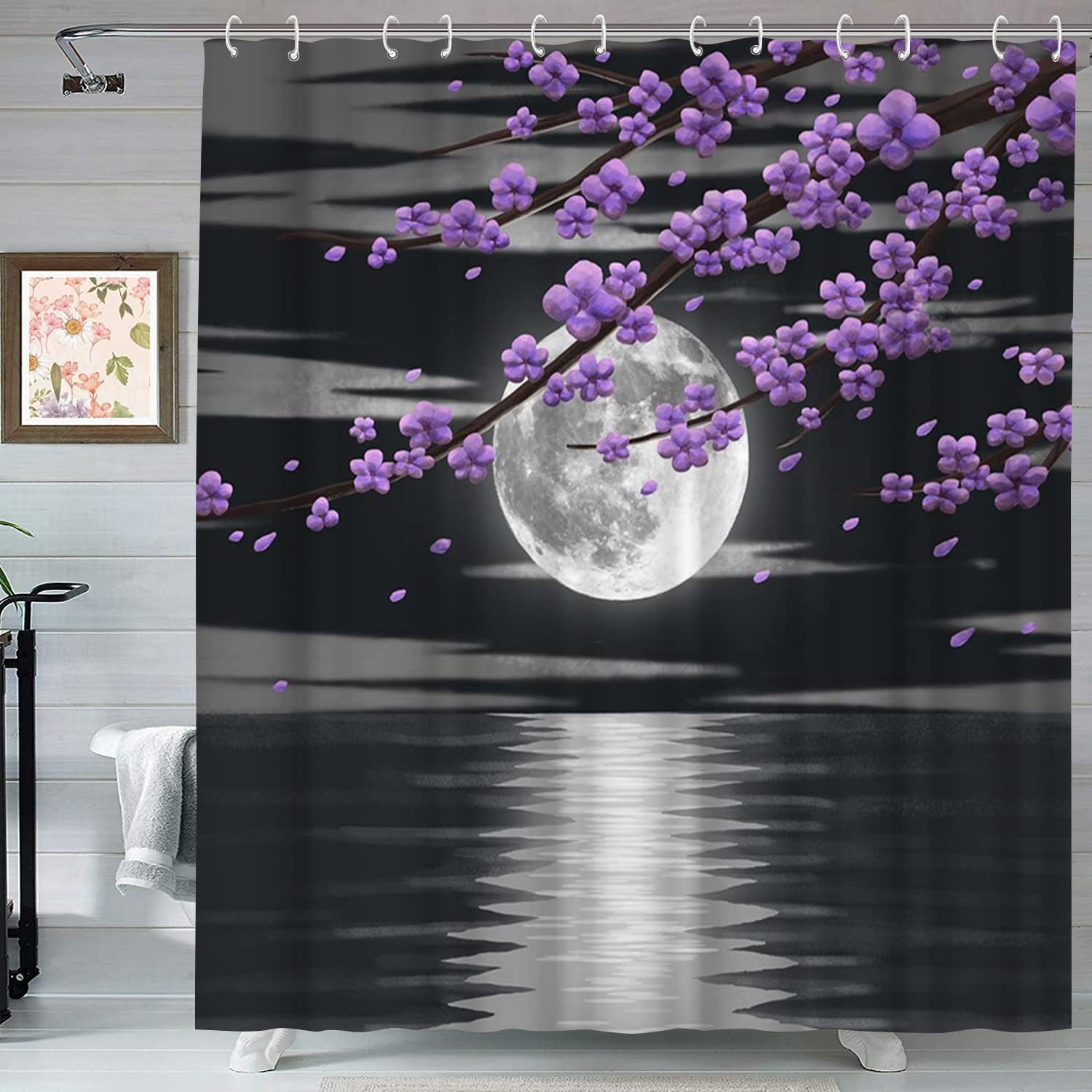 Purple Flower Shower Curtain Full Moon Night Bathroom Decor