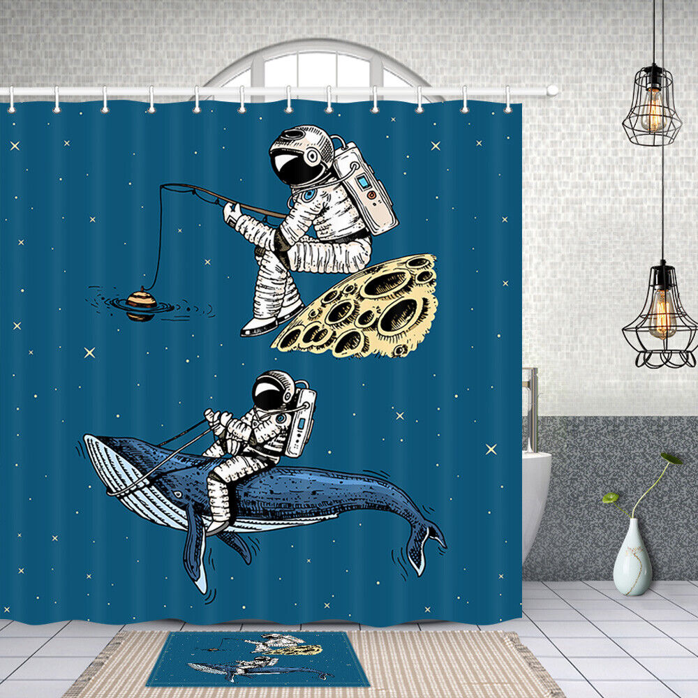 Cartoon Astronaut Monkey Shower Curtain Outer Space Bathroom Decor