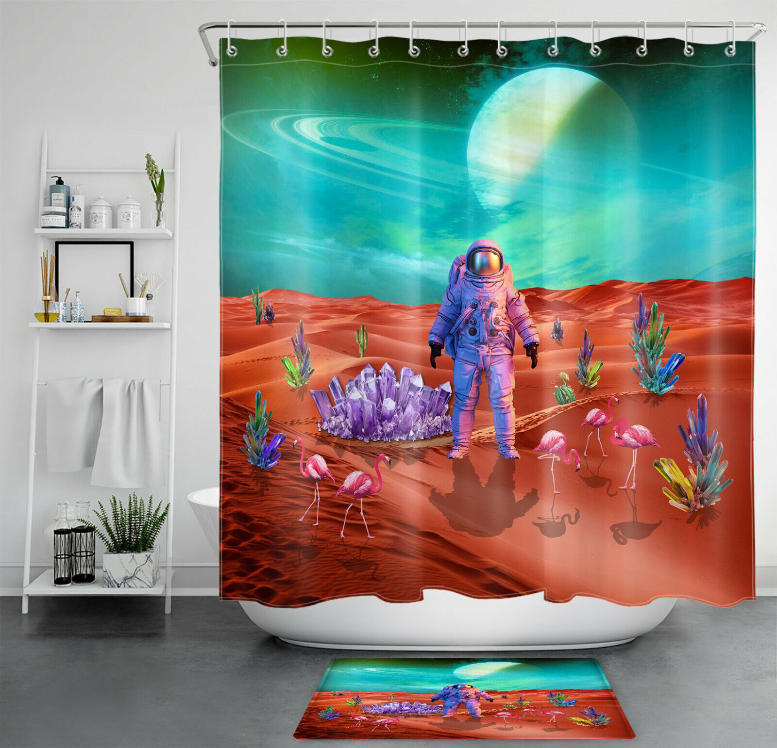 Red Planet Flamingo Crystal Shower Curtain Astronaut Bathroom Decor