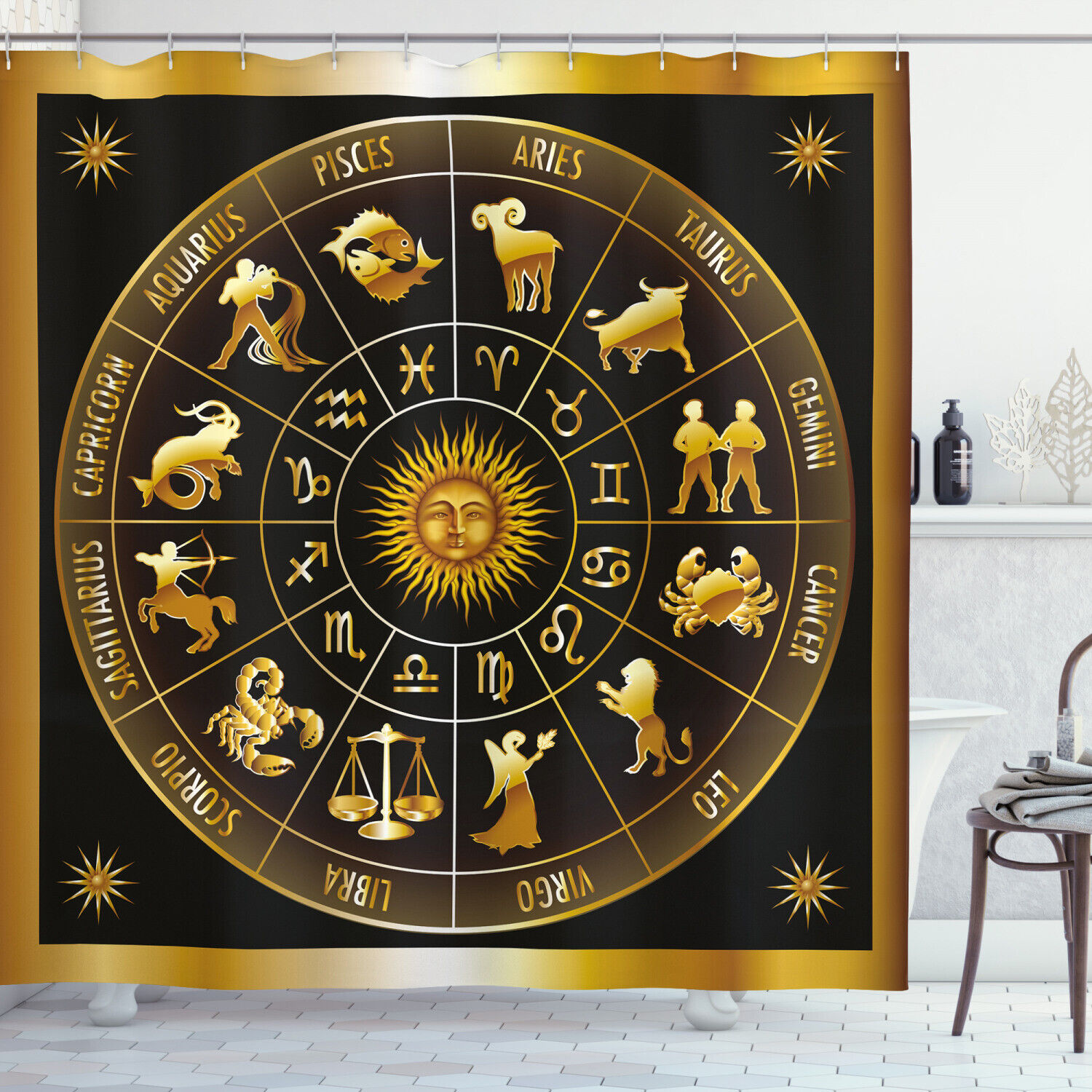 Signs Circle Sun Moon Shower Curtain Astrology Bathroom Decor