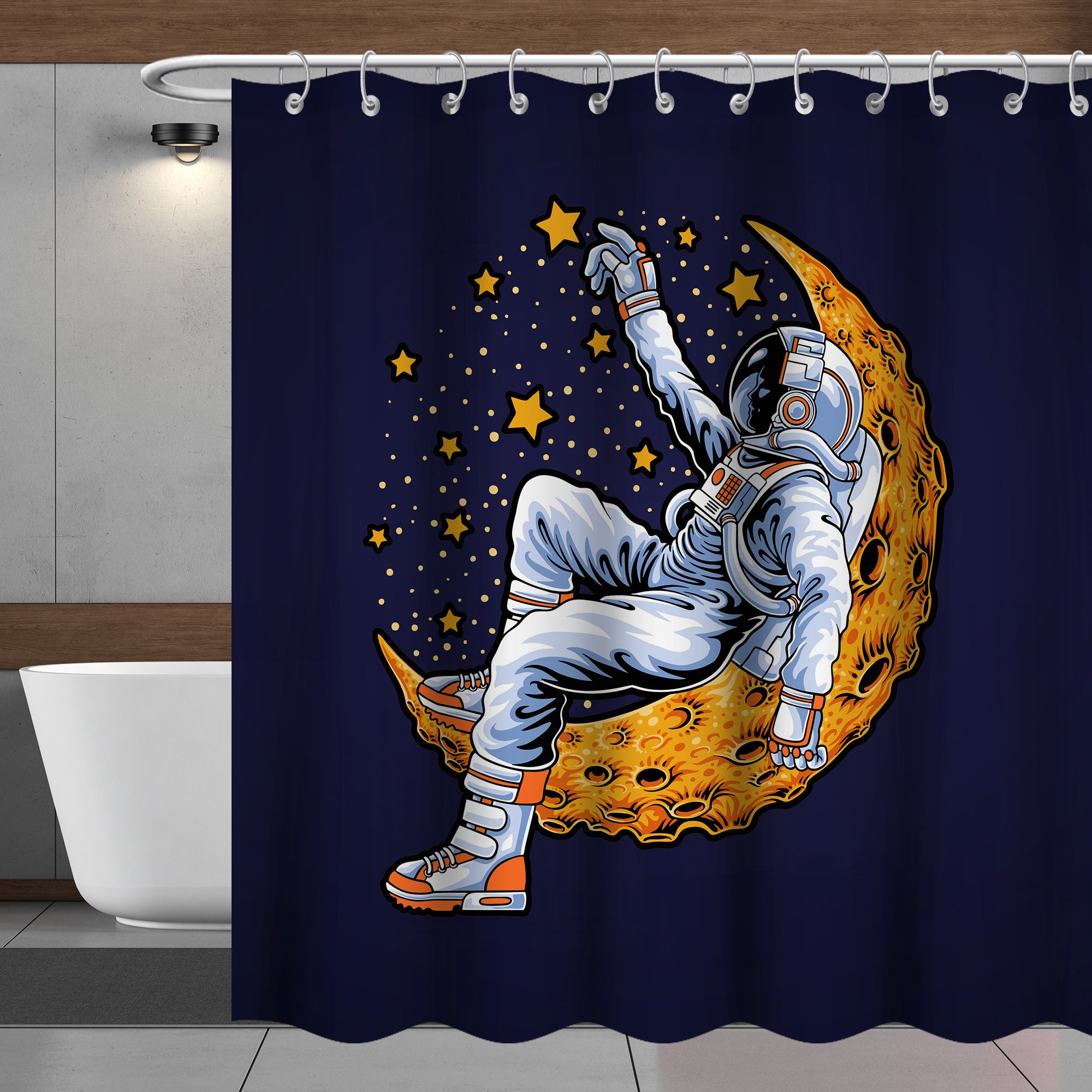 Sky Moon Star Spaceman Shower Curtain Creative Space Theme Bathroom Decor