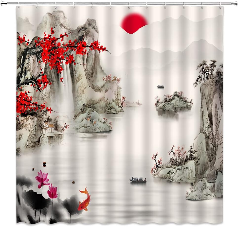 Red Plum Bossom Branch Sun Mountain Koi Fish Shower Curtain Asian Traditional Ink Painting Bathroom Decor