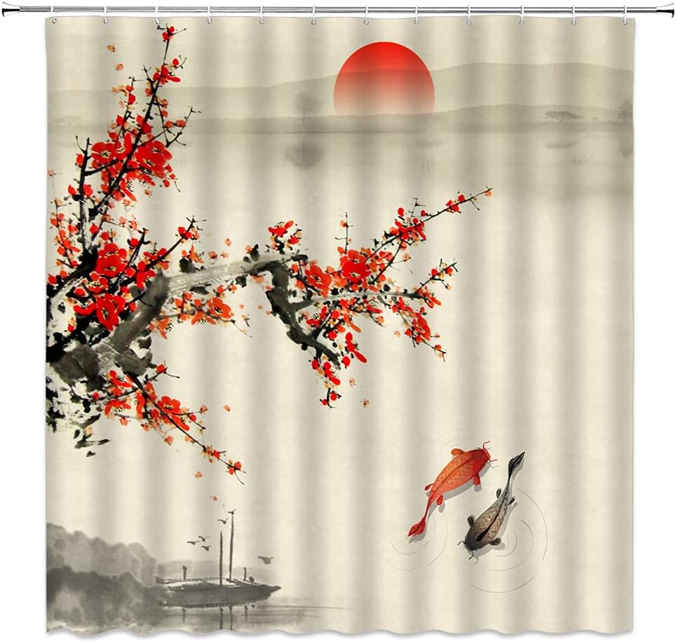 Plum Blossom Red Sun Trees Branch Koi Fish Lake Shower Curtain Asian Landscape Bathroom Decor