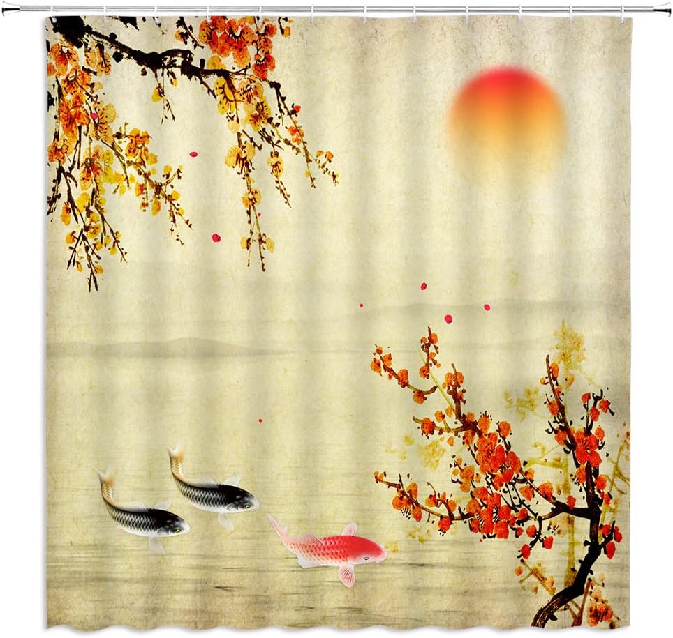 Plum Blossom Bloom Trees Branch Koi Fish Shower Curtain Asian Ink Painting Bathroom Decor
