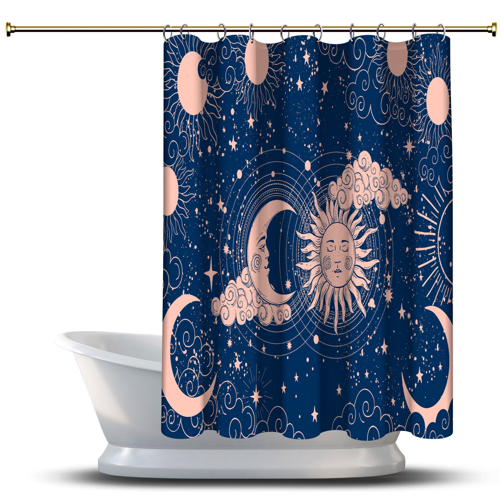 Sun-Moon Shower Curtain On Blue Background Astrology Bathroom Decor