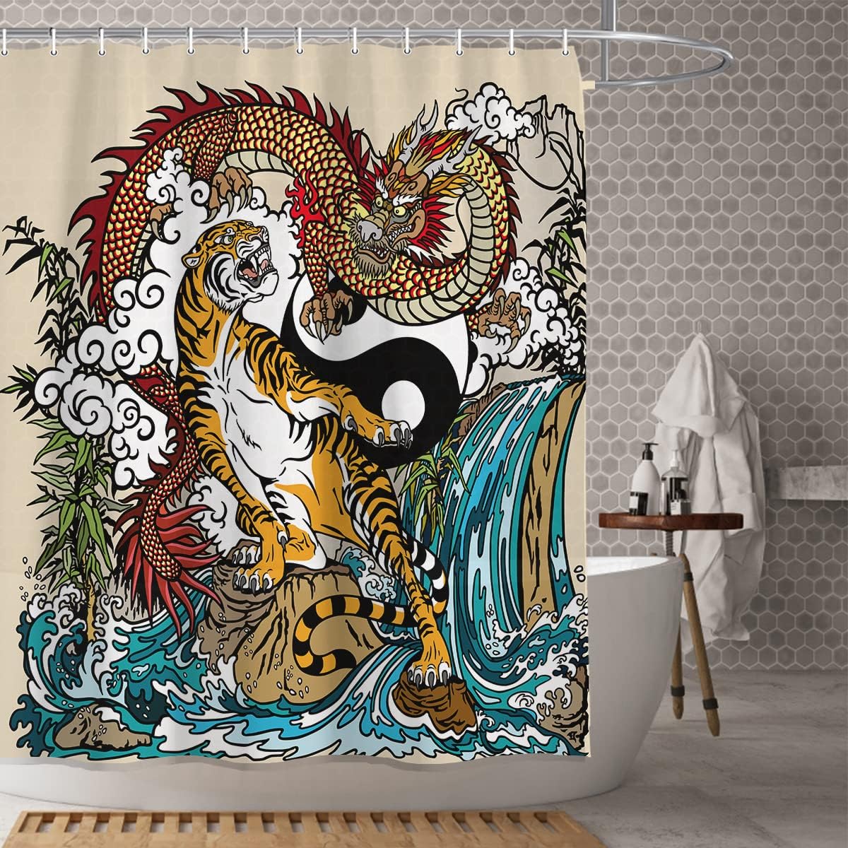 Chinese Dragon And Tiger Shower Curtain Yin Yang Symbol Asian Bathroom Decor