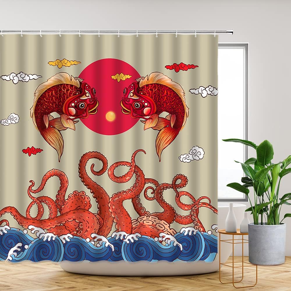 Japanese Shower Curtain Octopus Tentacles Great Wave Vintage Red Sun Koi Fish Katsushika Hokusai Bathroom Decor